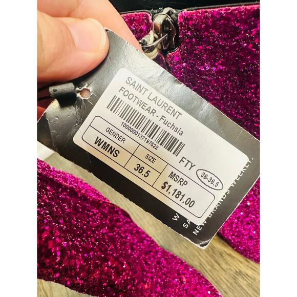 NEW SAINT LAURENT Fuchsia Pink Glitter Heeled Side Zip Bootie size 36.5 US 6.5 - Picture 9 of 14